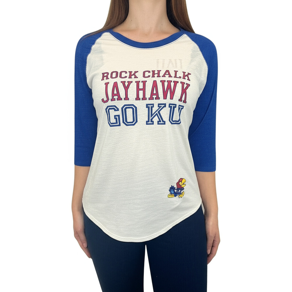 PINK Shirt Size XS 3/4 Sleeve White Blue KU‎ Jayhawk Graphic Collegiate Spirit